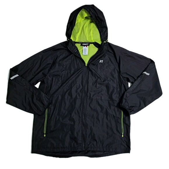 Russell Athletic Men's Large Zip Rain Jacket Run Windbreaker Black Green Hood - Picture 1 of 11
